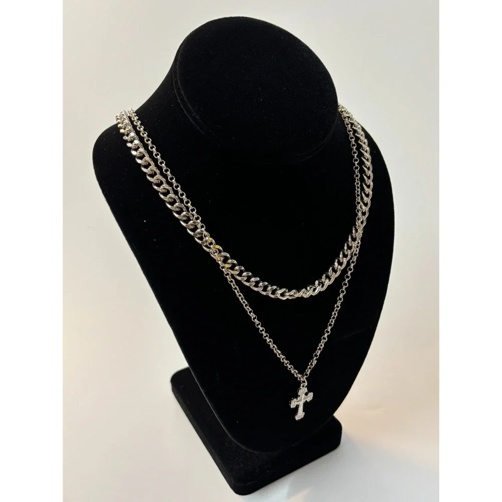 Multi Strand‎ Necklace Chunky 80s Vibes Cross Pendant